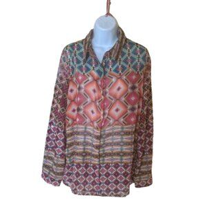 NETHERLANDS DESIGNER Bright Colorful Silky Mix Media Long Sleeve Blouse Size 12